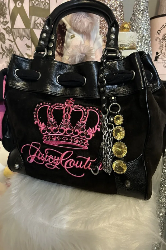 Vintage Juicy Couture Black Velour Daydreamer Bag Purse Hot Pink Crown Bling HTF