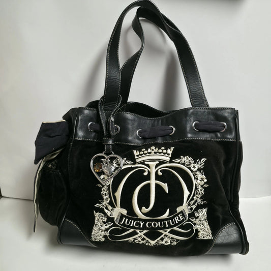 Vintage Juicy Couture Black Velour Daydreamer Bag Embroidered Y2K Satchel Tote