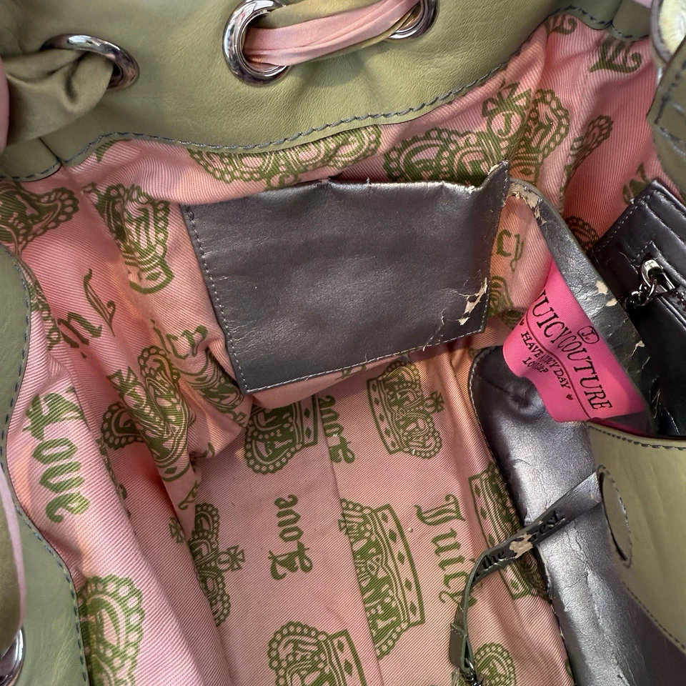 VTG Juicy Couture Daydreamer Bag Velour Pink Green Peach Y2K Pom Pom Excellent