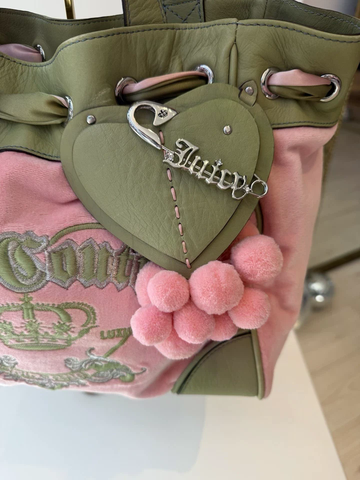 VTG Juicy Couture Daydreamer Bag Velour Pink Green Peach Y2K Pom Pom Excellent