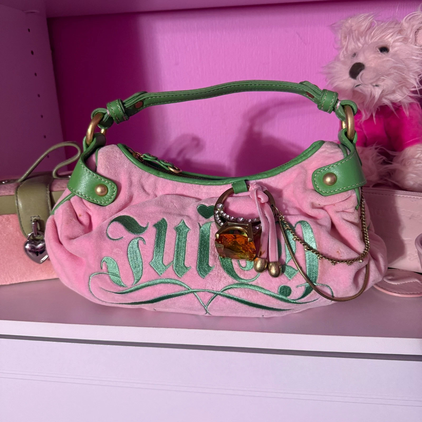 RARE vintage juicy couture pink and green hobo shoulder hand bag purse with ring