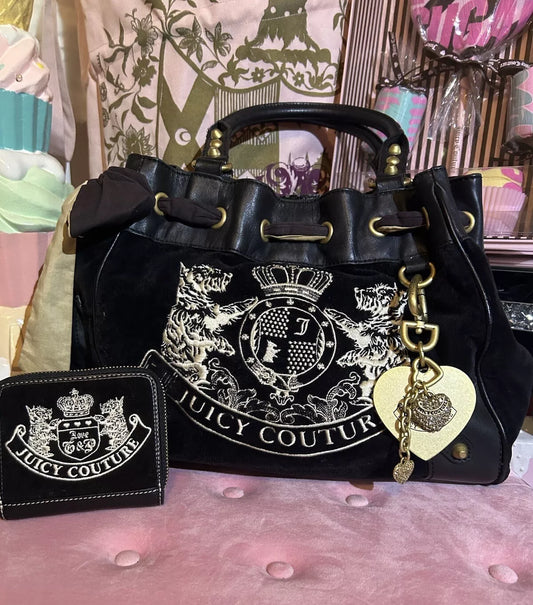 Y2K VINTAGE JUICY COUTURE BLACK VELOUR SCOTTIE DOGS DAYDREAMER BAG WITH WALLET