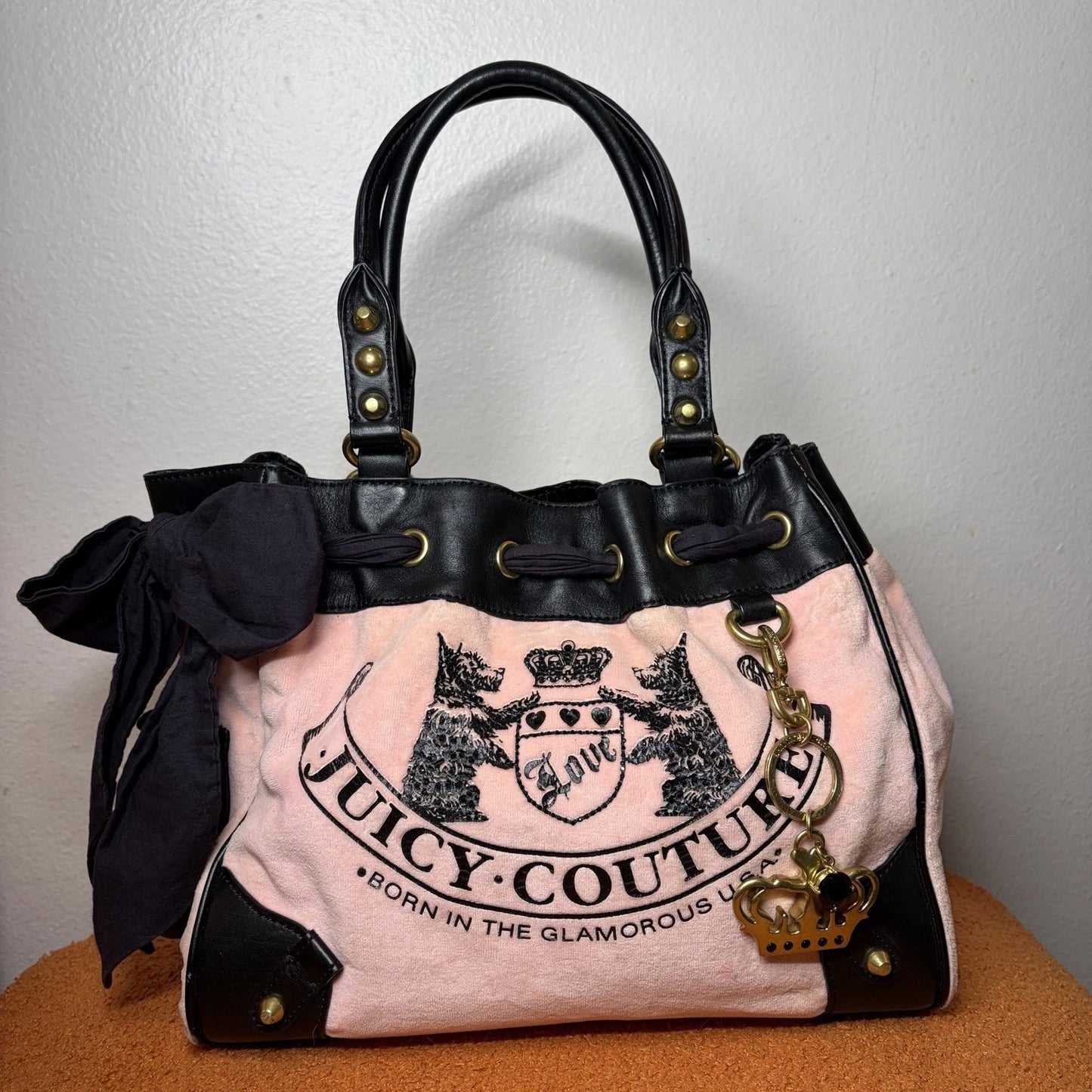 Vintage Y2K Juicy Couture Scottie Dog Pink Black Velour Daydreamer Bag Purse