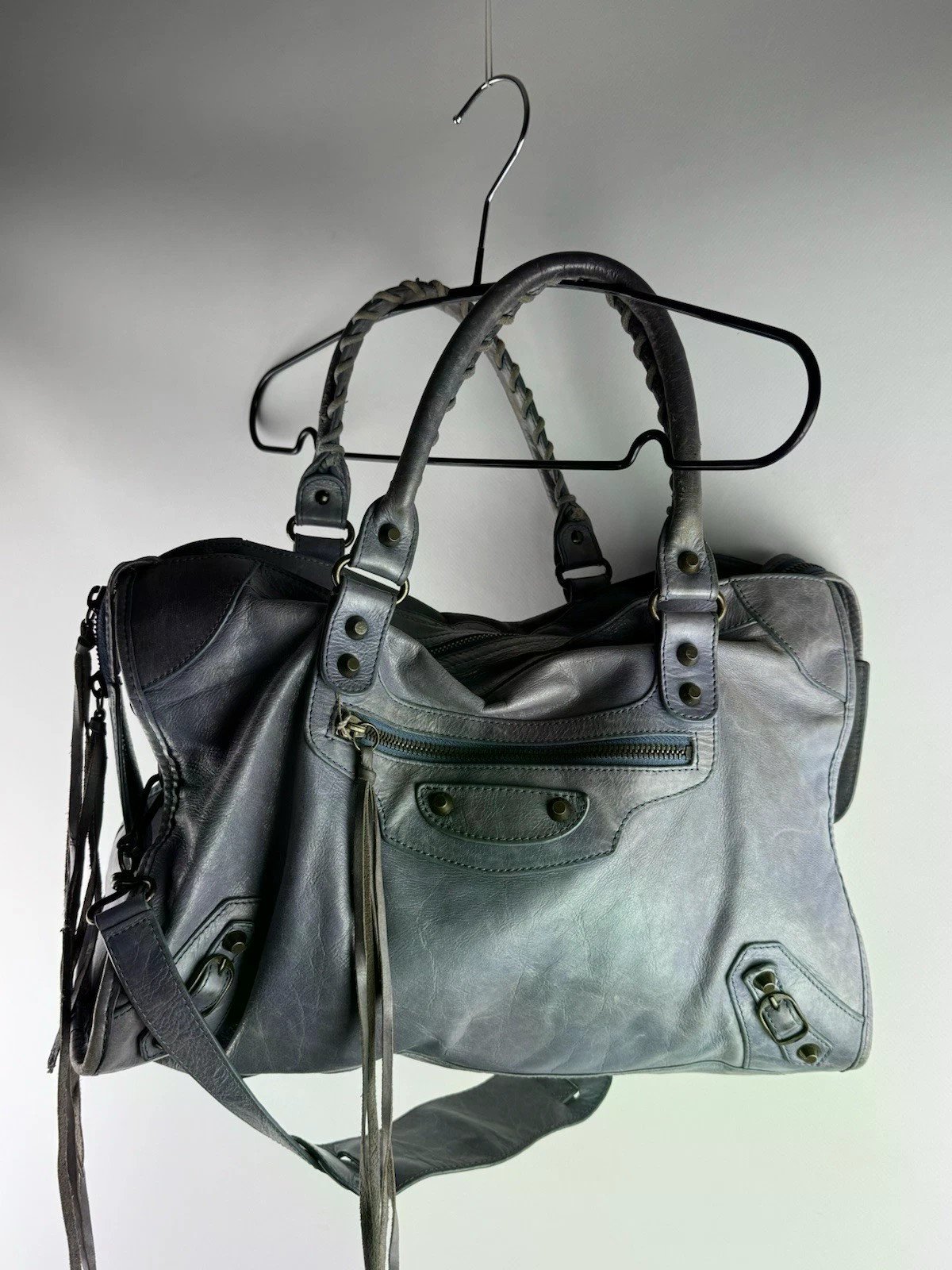 Balenciaga Motocross City Bag Blue Lambskin Leather Shoulder Handbag Giant