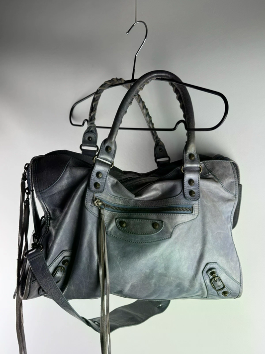 Balenciaga Motocross City Bag Blue Lambskin Leather Shoulder Handbag Giant