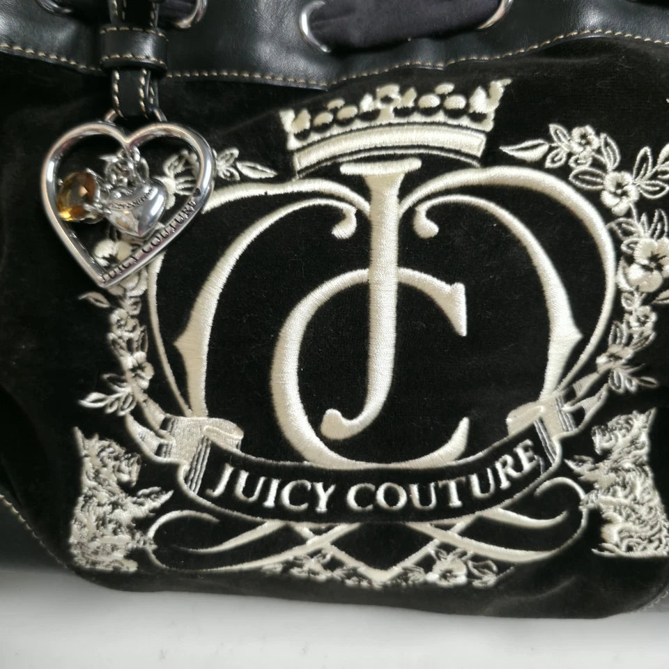 Vintage Juicy Couture Black Velour Daydreamer Bag Embroidered Y2K Satchel Tote