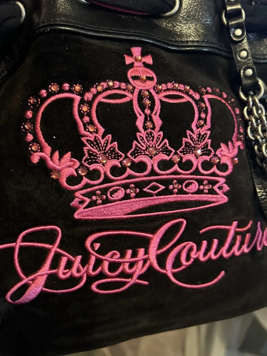 Vintage Juicy Couture Black Velour Daydreamer Bag Purse Hot Pink Crown Bling HTF