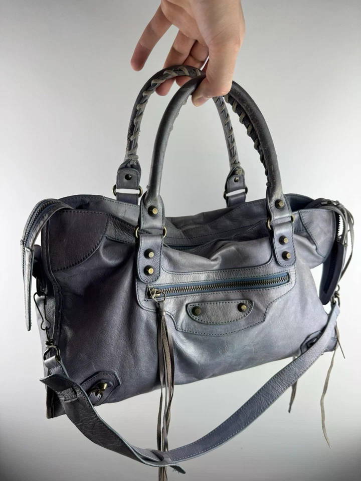 Balenciaga Motocross City Bag Blue Lambskin Leather Shoulder Handbag Giant
