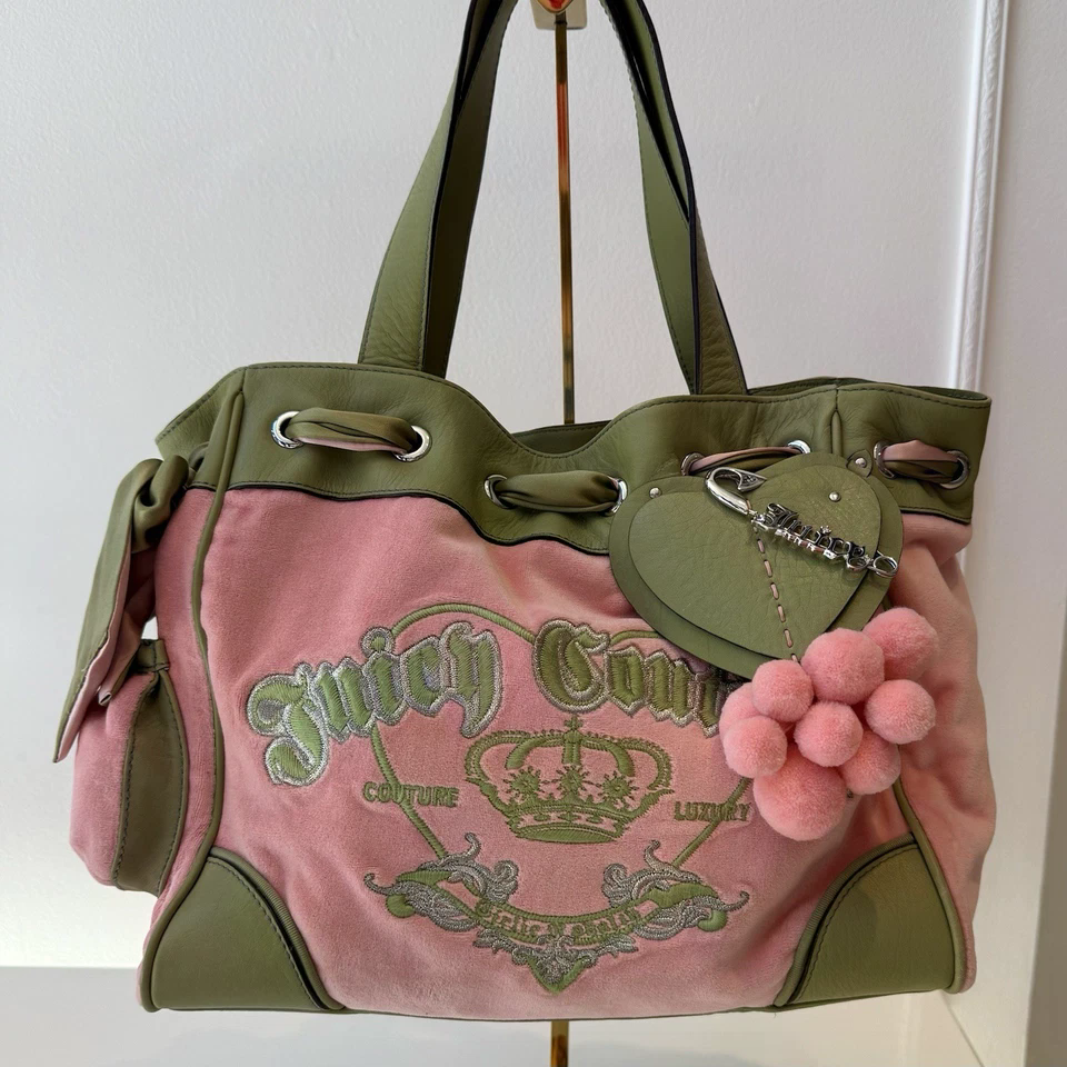 VTG Juicy Couture Daydreamer Bag Velour Pink Green Peach Y2K Pom Pom Excellent