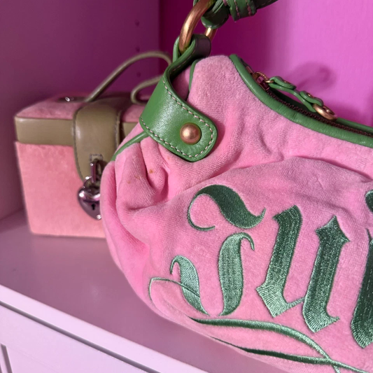 RARE vintage juicy couture pink and green hobo shoulder hand bag purse with ring