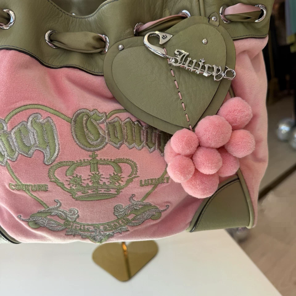 VTG Juicy Couture Daydreamer Bag Velour Pink Green Peach Y2K Pom Pom Excellent