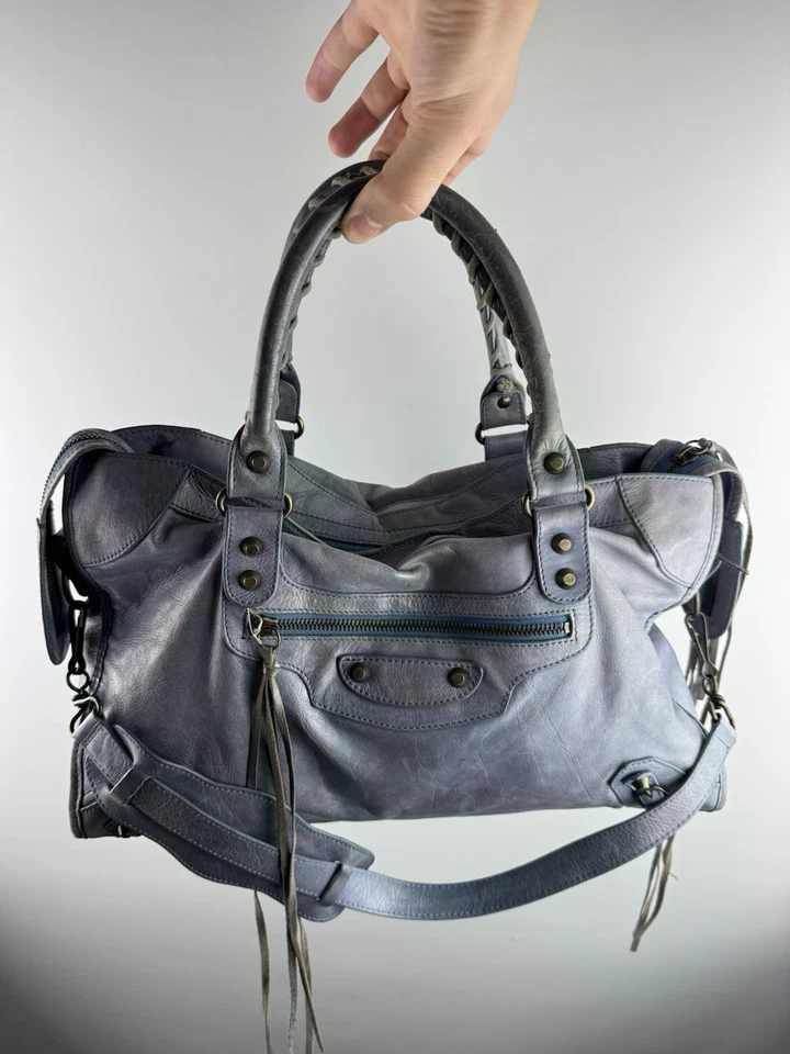 Balenciaga Motocross City Bag Blue Lambskin Leather Shoulder Handbag Giant