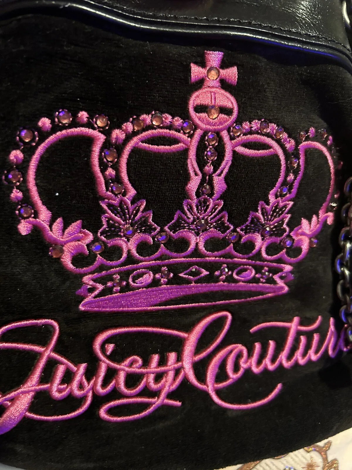Vintage Juicy Couture Black Velour Daydreamer Bag Purse Hot Pink Crown Bling HTF