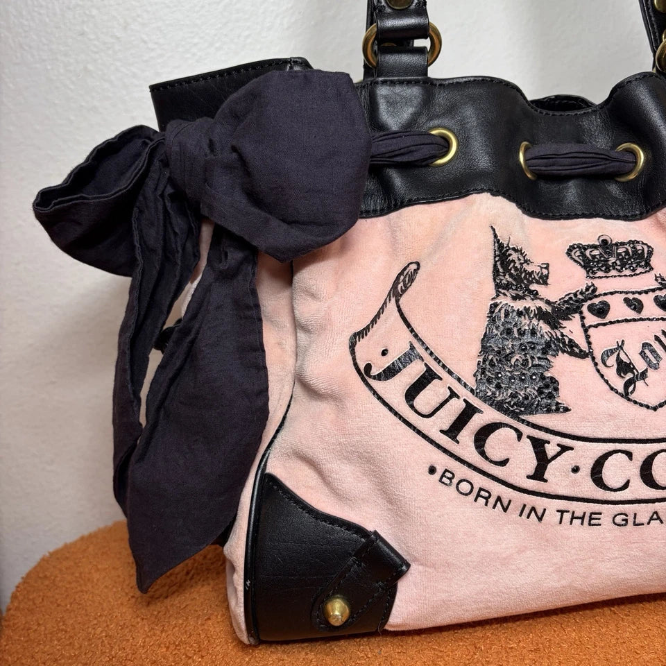 Vintage Y2K Juicy Couture Scottie Dog Pink Black Velour Daydreamer Bag Purse