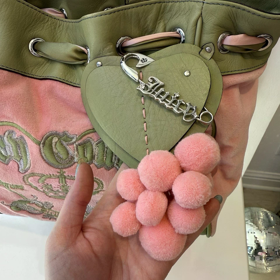 VTG Juicy Couture Daydreamer Bag Velour Pink Green Peach Y2K Pom Pom Excellent