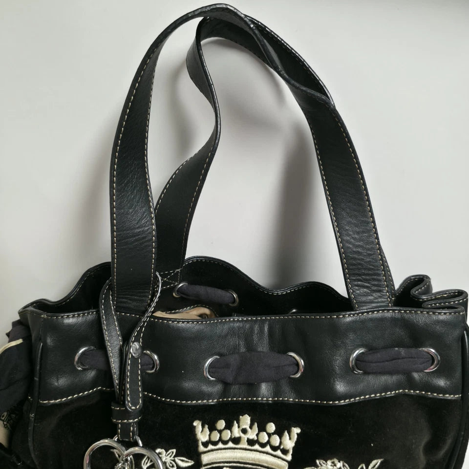 Vintage Juicy Couture Black Velour Daydreamer Bag Embroidered Y2K Satchel Tote