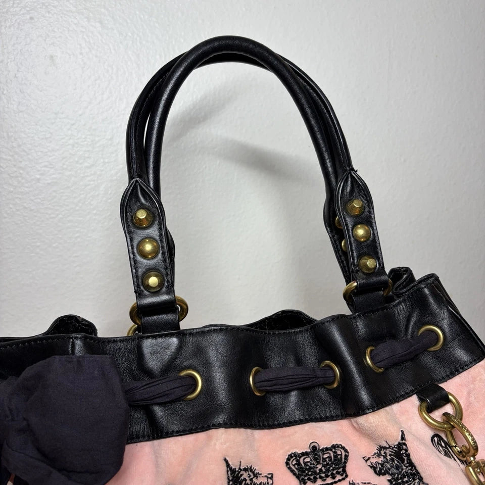 Vintage Y2K Juicy Couture Scottie Dog Pink Black Velour Daydreamer Bag Purse