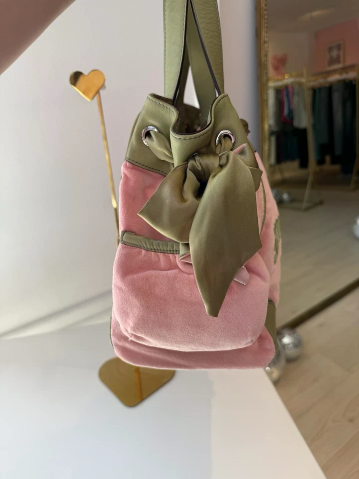 VTG Juicy Couture Daydreamer Bag Velour Pink Green Peach Y2K Pom Pom Excellent