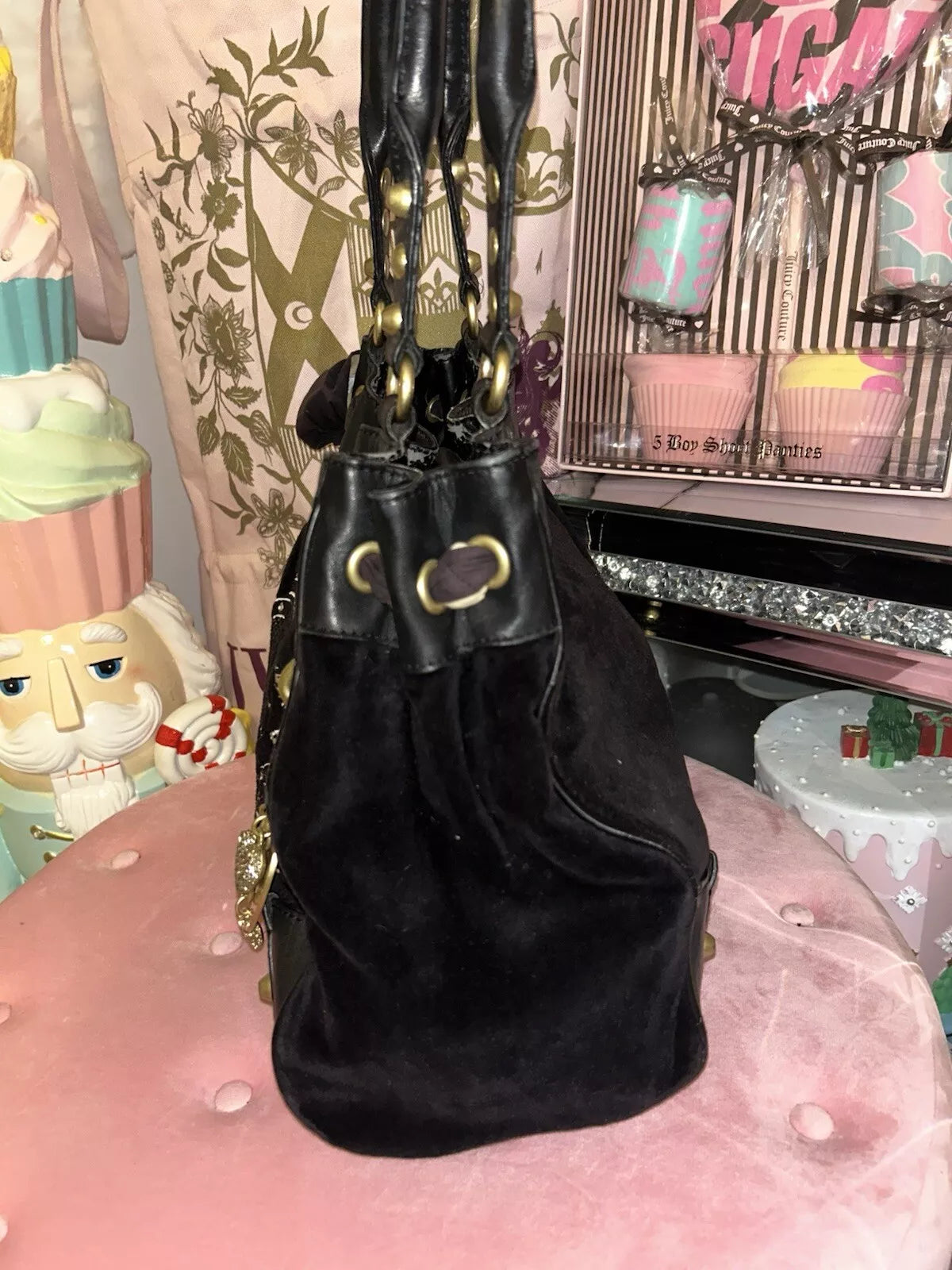 Y2K VINTAGE JUICY COUTURE BLACK VELOUR SCOTTIE DOGS DAYDREAMER BAG WITH WALLET