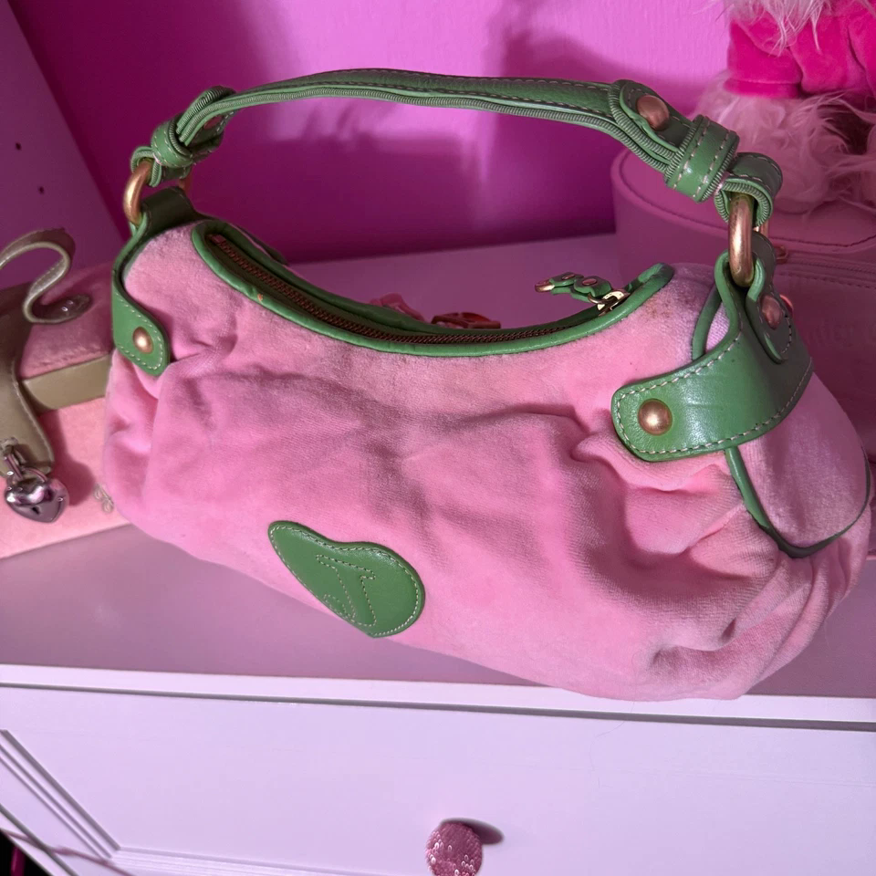 RARE vintage juicy couture pink and green hobo shoulder hand bag purse with ring
