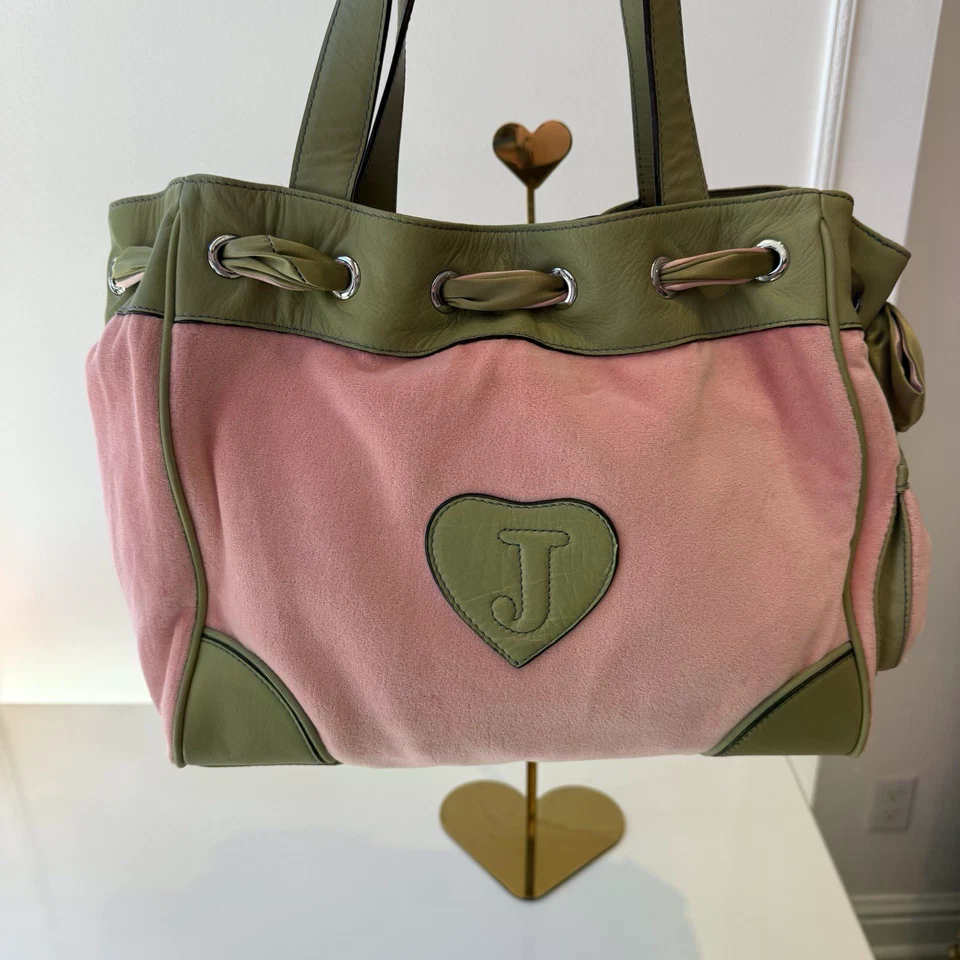 VTG Juicy Couture Daydreamer Bag Velour Pink Green Peach Y2K Pom Pom Excellent