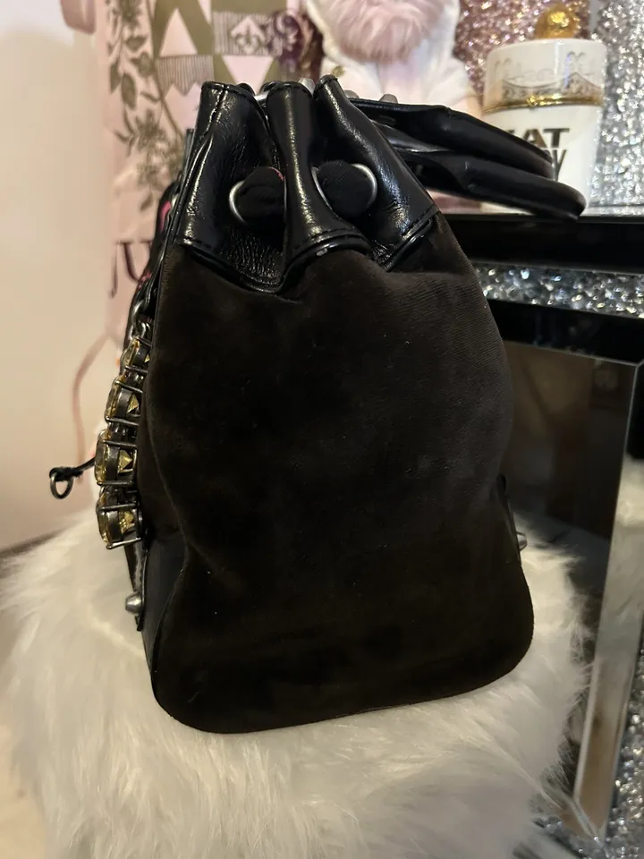 Vintage Juicy Couture Black Velour Daydreamer Bag Purse Hot Pink Crown Bling HTF