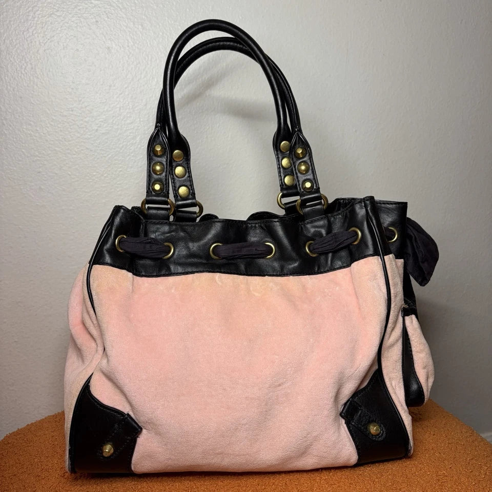 Vintage Y2K Juicy Couture Scottie Dog Pink Black Velour Daydreamer Bag Purse