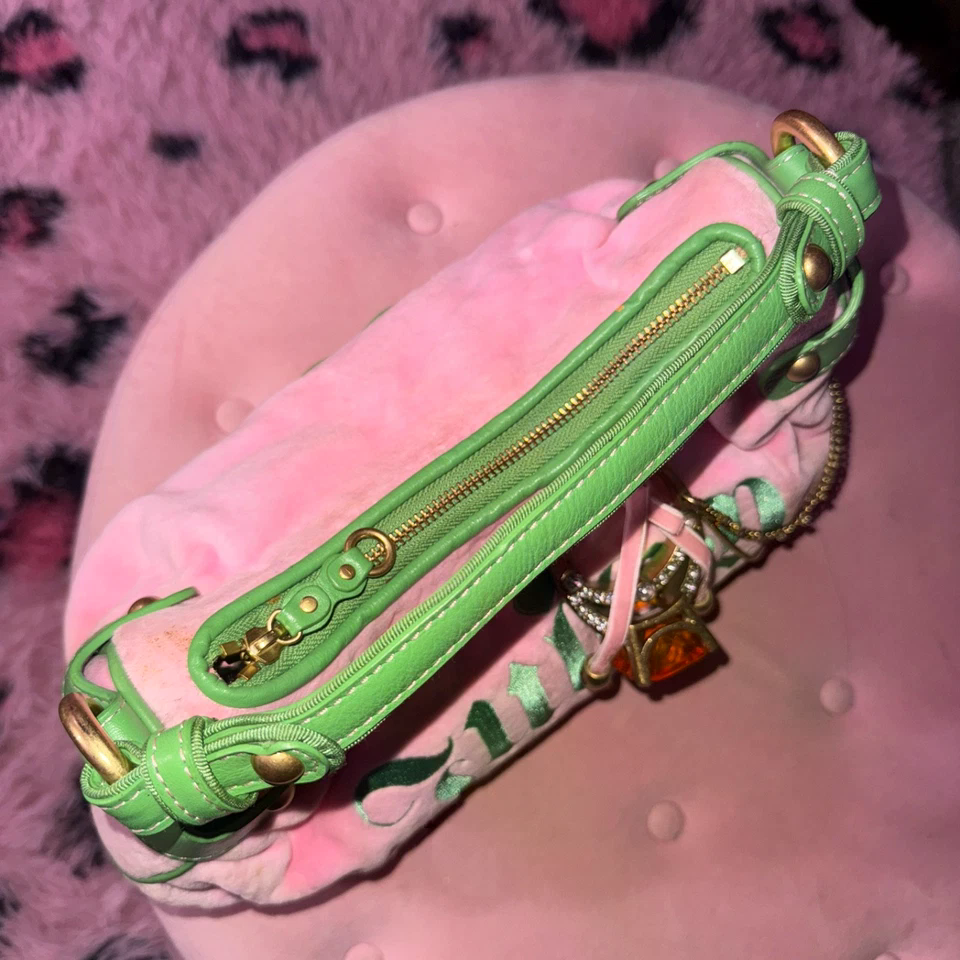 RARE vintage juicy couture pink and green hobo shoulder hand bag purse with ring
