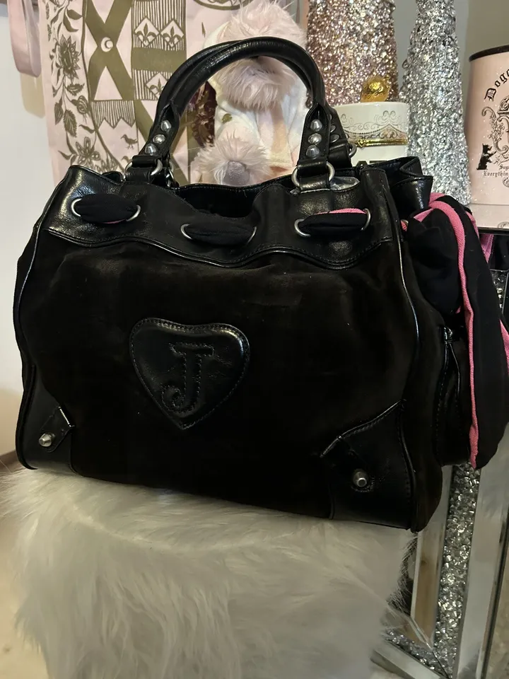 Vintage Juicy Couture Black Velour Daydreamer Bag Purse Hot Pink Crown Bling HTF