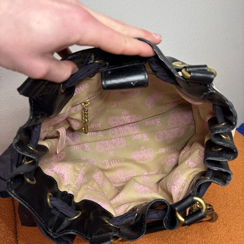 Vintage Y2K Juicy Couture Scottie Dog Pink Black Velour Daydreamer Bag Purse