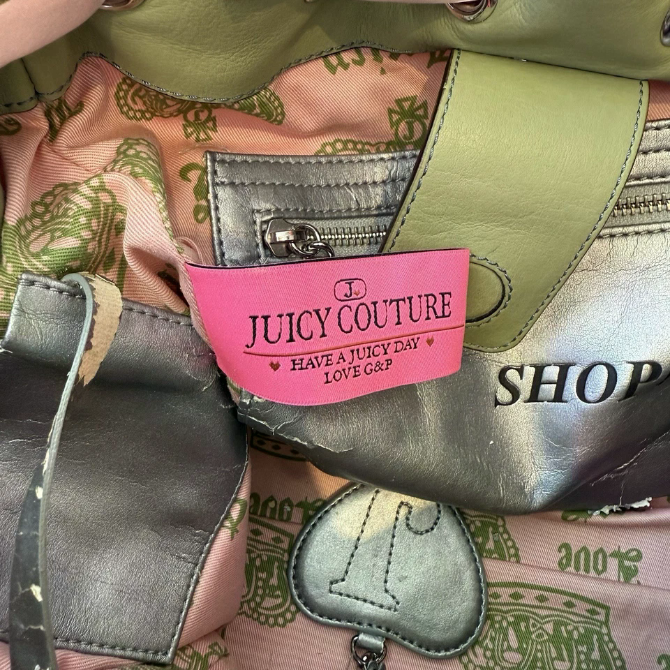 VTG Juicy Couture Daydreamer Bag Velour Pink Green Peach Y2K Pom Pom Excellent