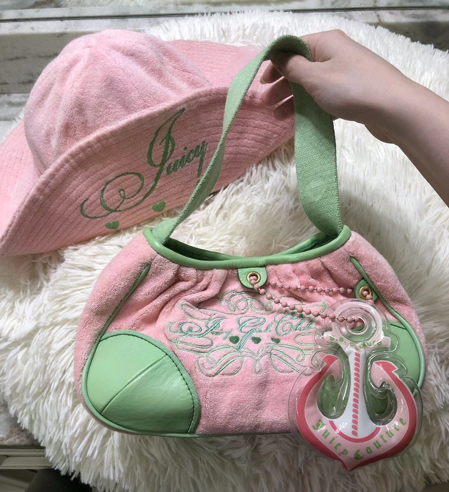 Sac Couture Juicy vintage Juicy Girls chapeau club rose et vert avec breloque ancre